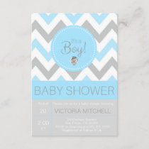 Cute 'It's a Boy' Blue/Grey Chevron Baby Shower Invitation