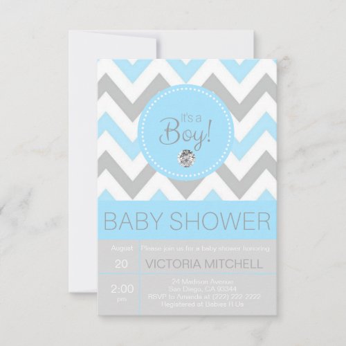 Cute Its a Boy BlueGrey Chevron Baby Shower Invitation