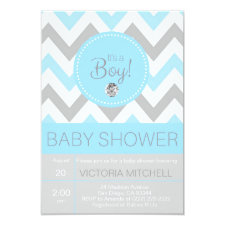 Cute 'It's a Boy' Blue/Grey Chevron Baby Shower Invitation