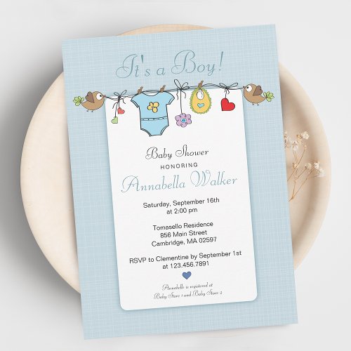 Cute Its A Boy Clothesline Baby Shower Invitation