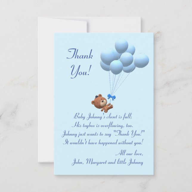 Cute It's a Boy Teddy Bear and Balloons Theme Thank You Card (Front)
