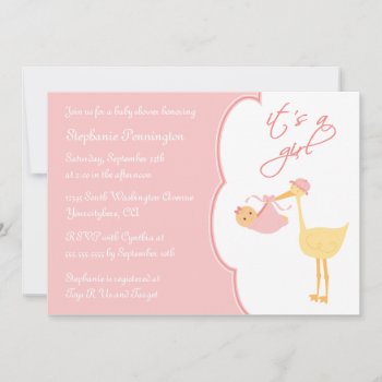 Cute It's A Girl Pink Stork Baby Shower Invitation by Jamene at Zazzle