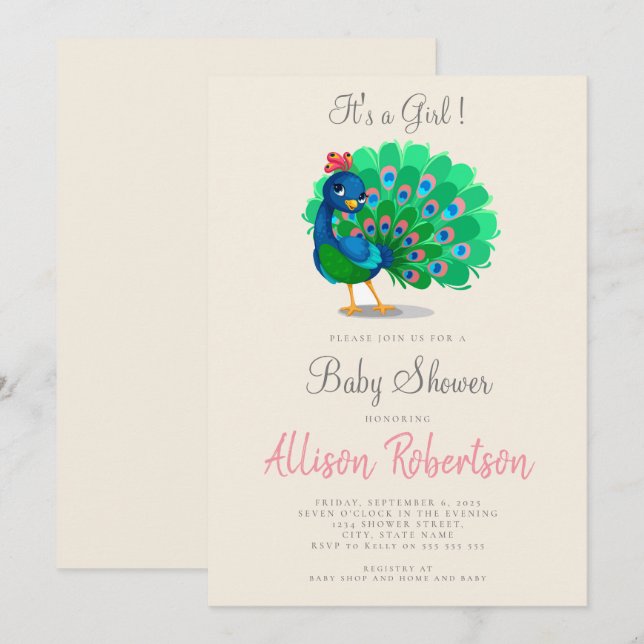 Cute It's A Girl Watercolor Baby Shower Invitation (Front/Back)