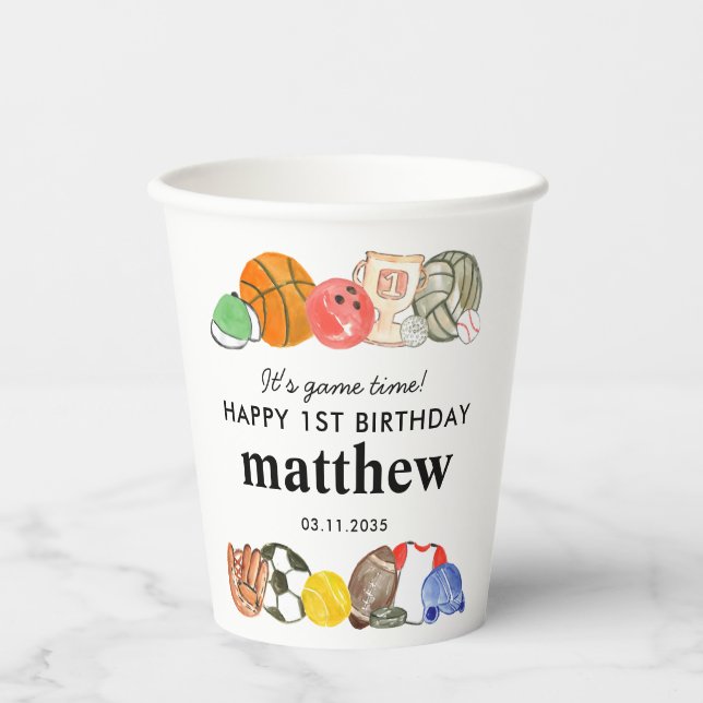 Cute It's Game Time Sports Balls Kids Birthday Paper Cups (Front)