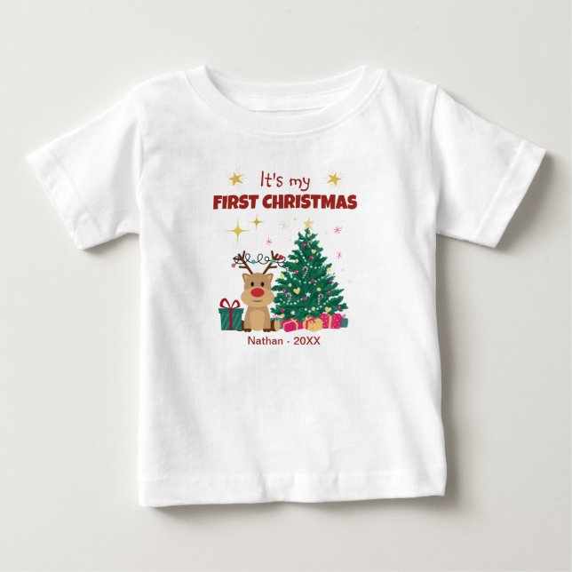 Cute It's My First Christmas With Reindeer Baby T-Shirt (Front)