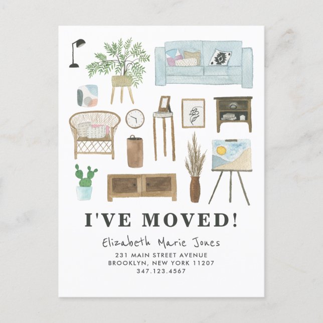 Cute I've Moved Boho Watercolor Home Decor Moving Announcement Postcard (Front)