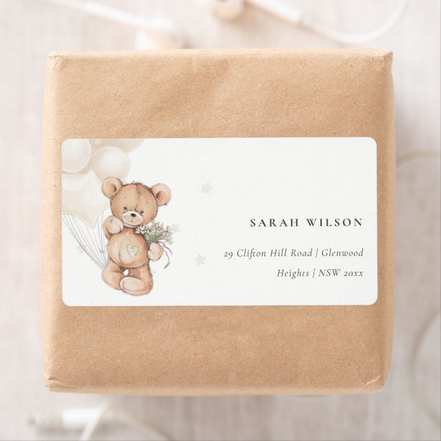 Cute Ivory Bear Balloon Floral Bunch Heart Address Label (Insitu)