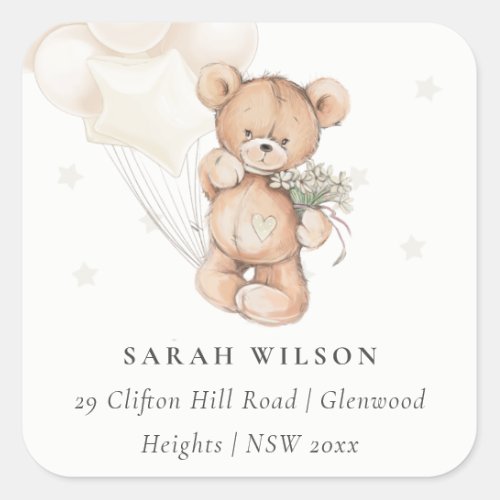 Cute Ivory Bear Balloon Floral Bunch Heart Address Square Sticker