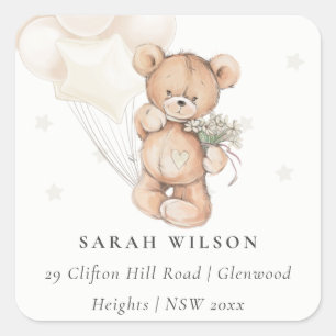 Cute Ivory Bear Balloon Floral Bunch Heart Address Square Sticker
