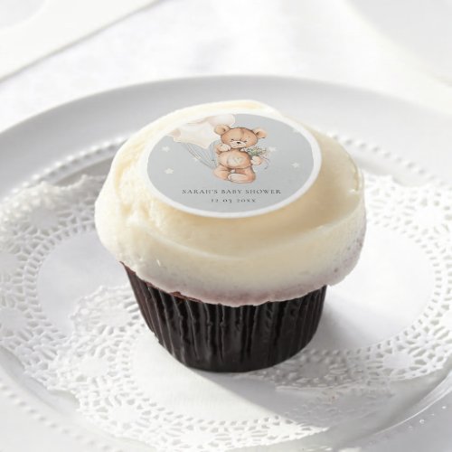 Cute Ivory Bear Balloon Heart Floral Baby Shower Edible Frosting Rounds