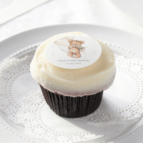 Cute Ivory Bear Balloon Heart Floral Baby Shower Edible Frosting Rounds