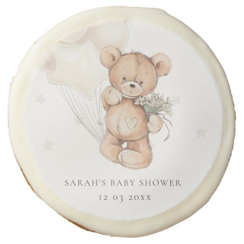 Cute Ivory Bear Balloon Heart Floral Baby Shower Sugar Cookie
