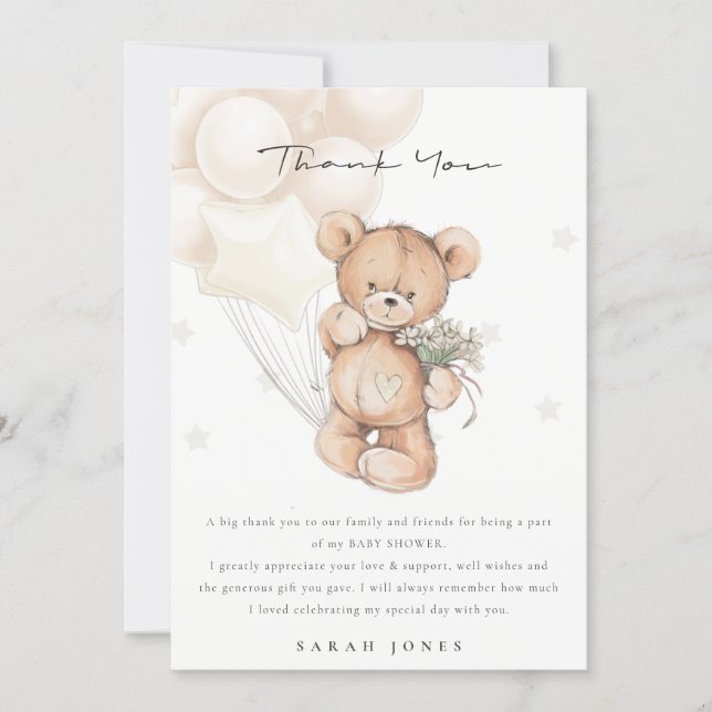 Cute Ivory Bear Bearly Wait Balloon Baby Shower Thank You Card (Front)