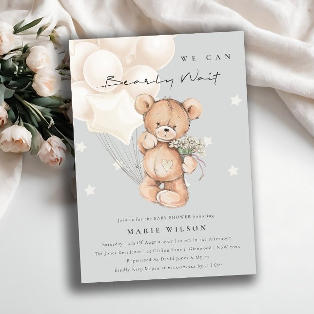 Cute Ivory Bearly Wait Balloon Baby Shower Invite (Creator Uploaded)