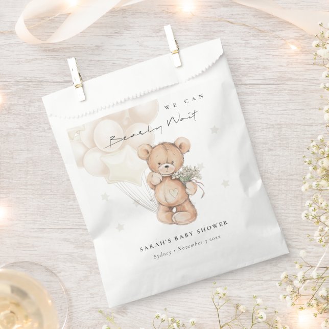 Cute Ivory Bearly Wait Bear Balloon Baby Shower Favor Bag (Clipped)