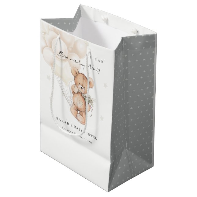 Cute Ivory Bearly Wait Bear Balloon Baby Shower Medium Gift Bag (Front Angled)