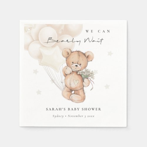 Cute Ivory Bearly Wait Bear Balloon Baby Shower Napkins