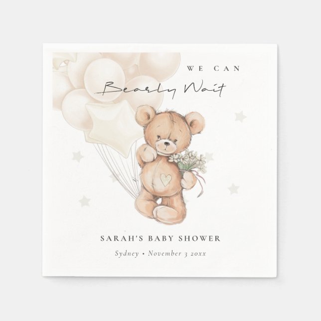 Cute Ivory Bearly Wait Bear Balloon Baby Shower Napkins (Front)
