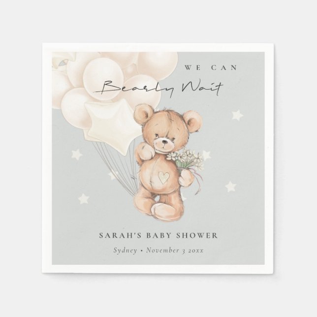 Cute Ivory Bearly Wait Bear Balloon Baby Shower Napkins (Front)