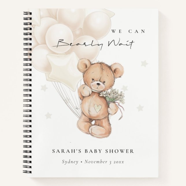 Cute Ivory Bearly Wait Bear Balloon Baby Shower Notebook (Front)