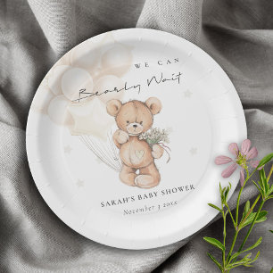 Cute Ivory Bearly Wait Bear Balloon Baby Shower Paper Plates
