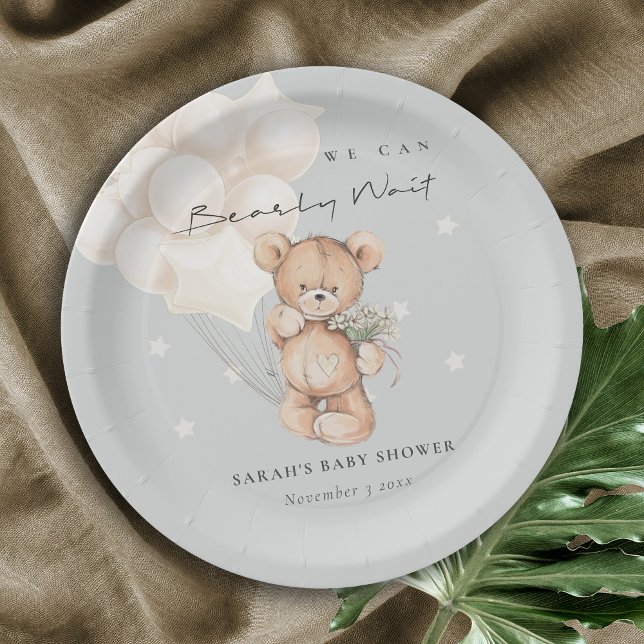 Cute Ivory Bearly Wait Bear Balloon Baby Shower Paper Plates (Creator Uploaded)