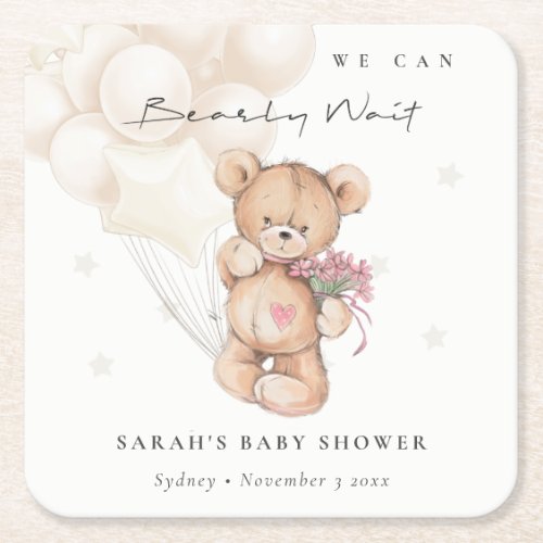 Cute Ivory Bearly Wait Bear Balloon Baby Shower Square Paper Coaster