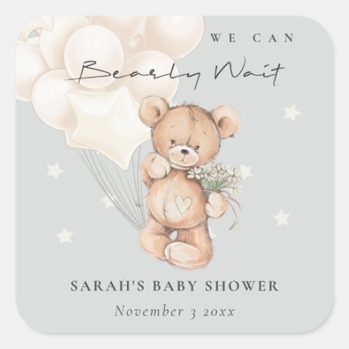 Cute Ivory Bearly Wait Bear Balloon Baby Shower Square Sticker