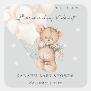 Cute Ivory Bearly Wait Bear Balloon Baby Shower Square Sticker