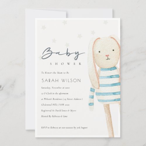 Cute Ivory Blue Bunny Soft Toy Baby Shower Invite