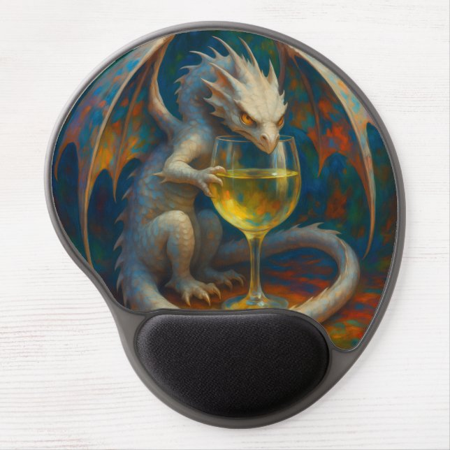 Cute Ivory Dragon & White Wine Fantasy Art Gel Mouse Pad (Front)