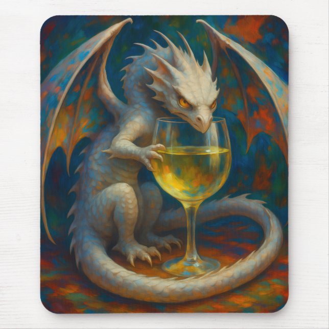 Cute Ivory Dragon & White Wine Fantasy Art Mouse Pad (Front)