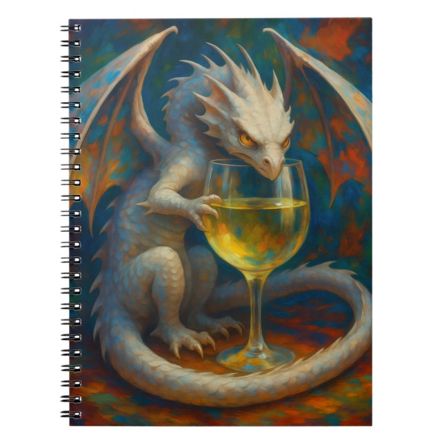 Cute Ivory Dragon & White Wine Fantasy Art Notebook (Front)