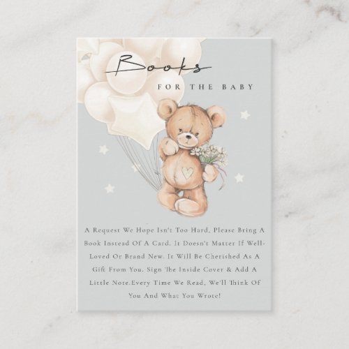 Cute Ivory Grey Bear Balloon Books For Baby Shower Enclosure Card