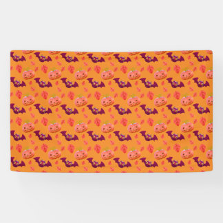 Cute Jack-o'-Lantern & Bat Pattern Orange Banner