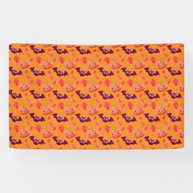 Cute Jack-o'-Lantern & Bat Pattern Orange Banner (Horizontal)