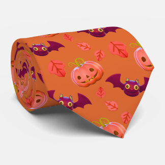 Cute Jack-o'-Lantern & Bat Pattern Orange Neck Tie