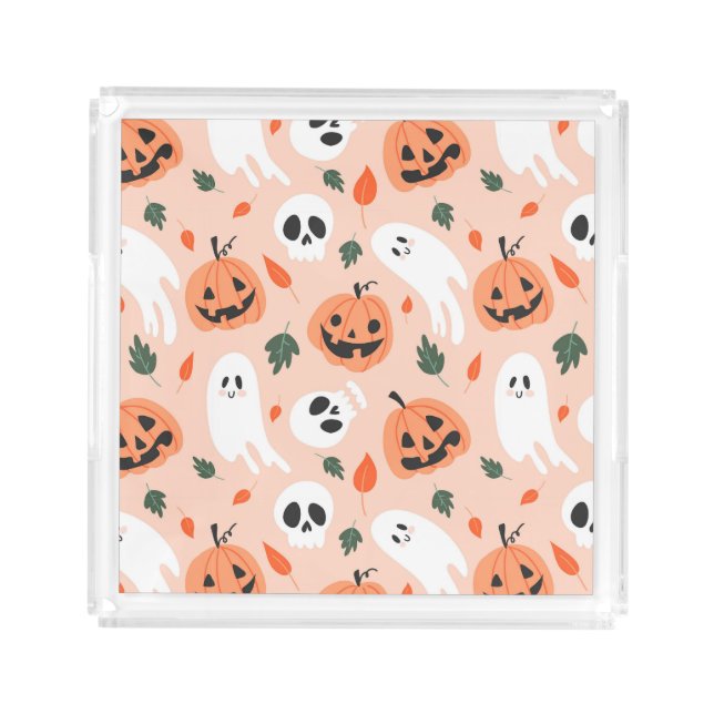 Cute Jack-O-Lantern & Ghost Pattern Acrylic Tray (Front)