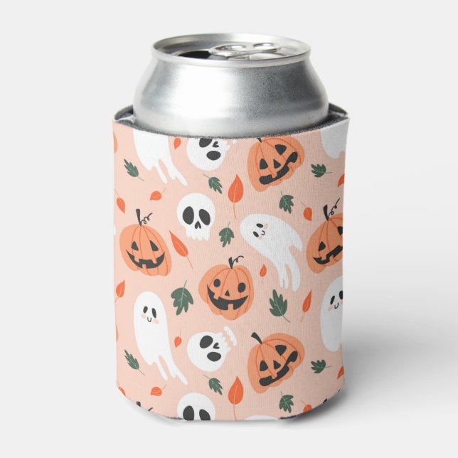 Cute Jack-O-Lantern & Ghost Pattern Can Cooler (Can Front)