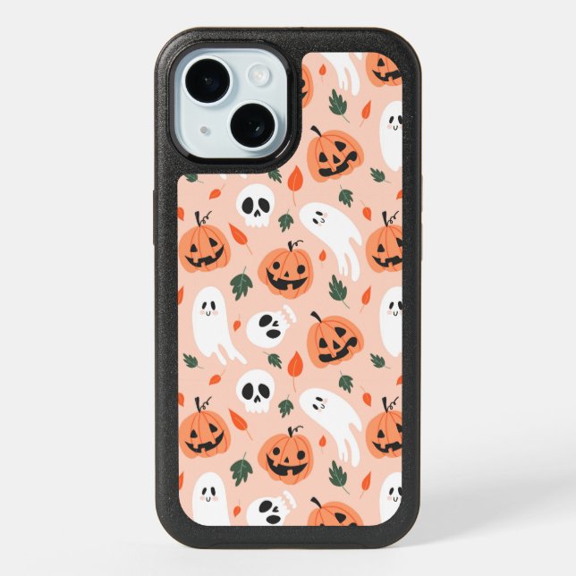 Cute Jack-O-Lantern & Ghost Pattern iPhone 15 Case (Back)