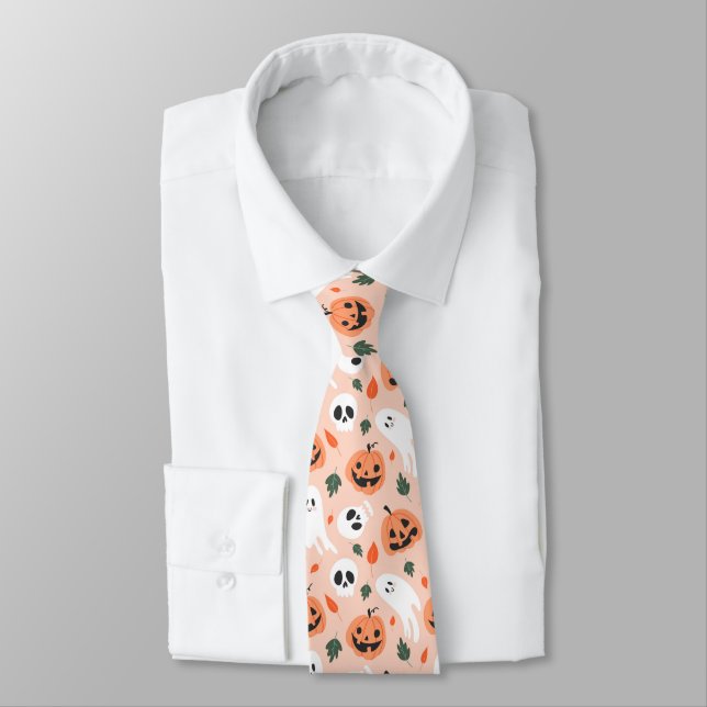 Cute Jack-O-Lantern & Ghost Pattern Neck Tie (Tied)