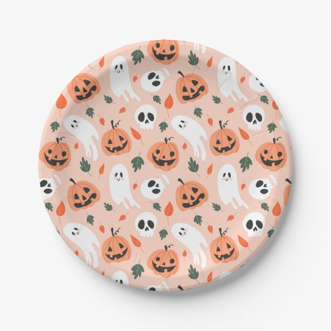 Cute Jack-O-Lantern & Ghost Pattern Paper Plates (Front)