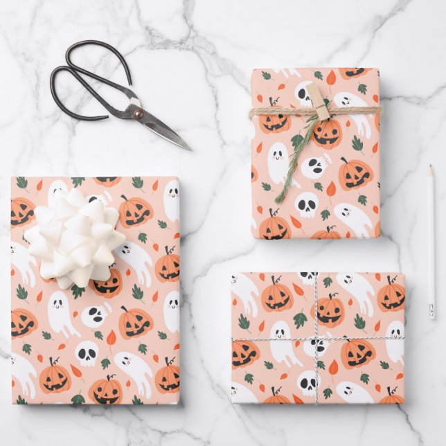 Cute Jack-O-Lantern & Ghost Pattern Wrapping Paper Sheets (Front)
