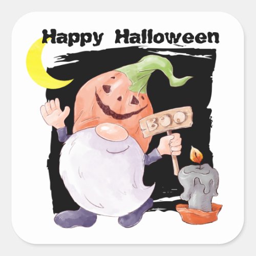 Cute Jack o Lantern Gnome Kids Halloween Square Sticker