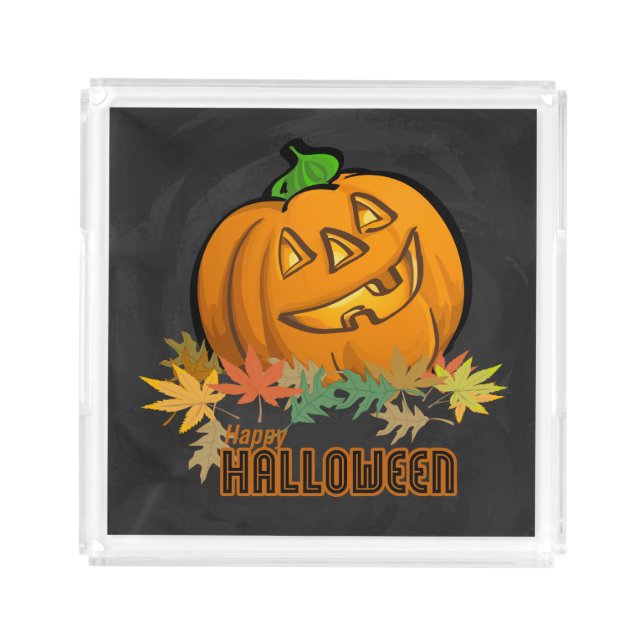 Cute Jack O Lantern Happy Halloween Acrylic Tray (Front)