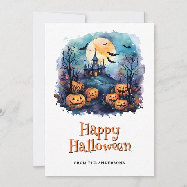 Cute Jack O’Lanterns Moon Bats Happy Halloween Holiday Card (Front)