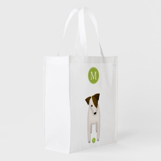 cute Jack Russell dog with tennis ball monogrammed Grocery Bag