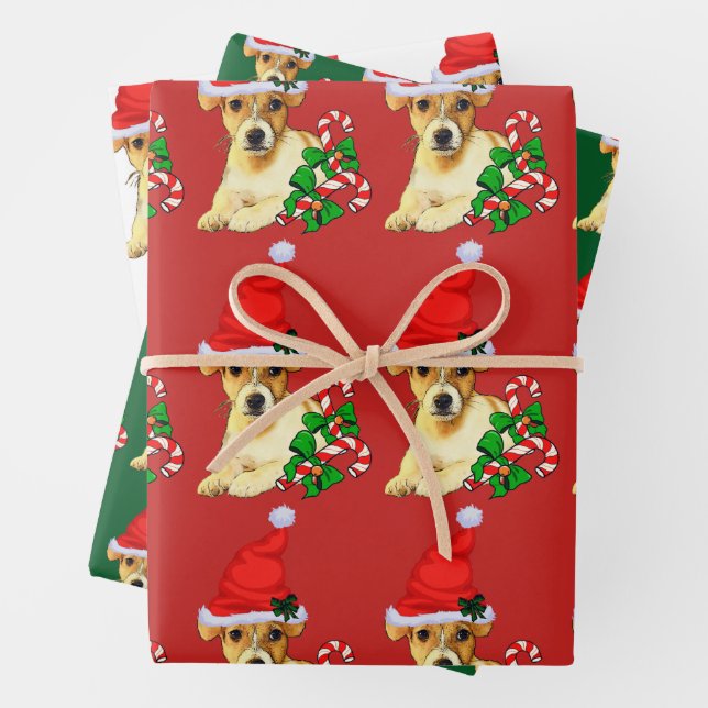 Cute Jack Russell Terrier Christmas Wrapping Paper Sheets (In situ)