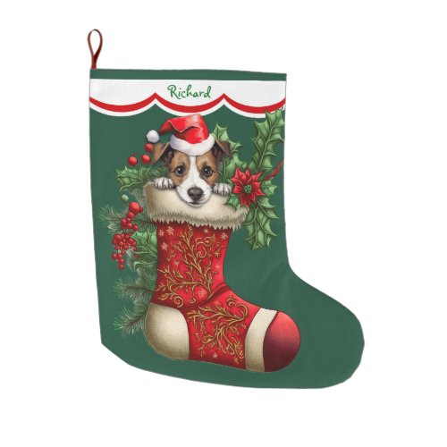 Cute Jack Russell Terrier Puppy Peeking Large Christmas Stocking