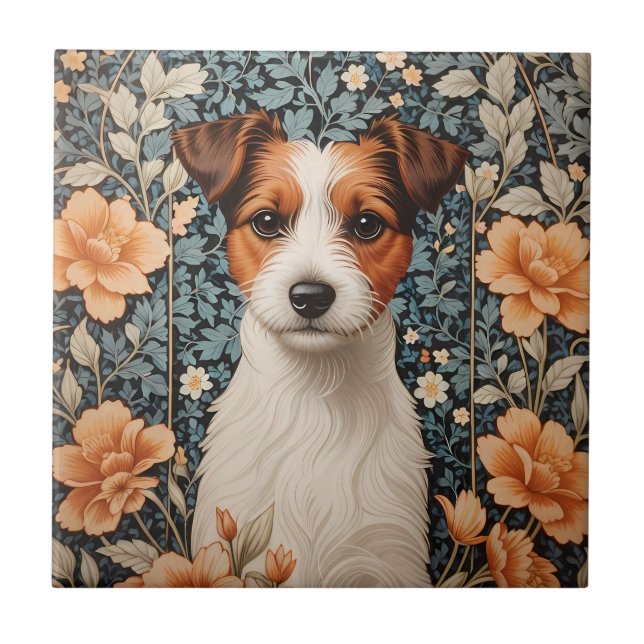 Cute Jack Russell Terrier William Morris Inspired Ceramic Tile (Front)
